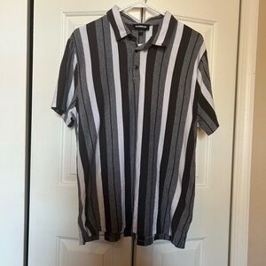 Express Men's Black and Gray Vertical Stripe Polo Shirt